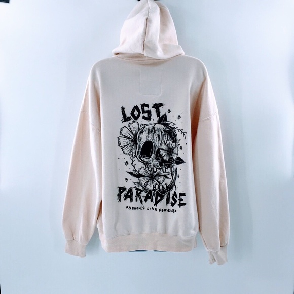 Linda Finegold ALF Womens Hoodie Cream Lost Paradise Floral Skull Pullover Sz L - Picture 9 of 12
